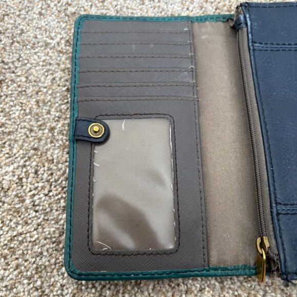 Fossil Navy Blue & Turquoise Leather Wallet Gold Hardwear - Picture 10 of 14